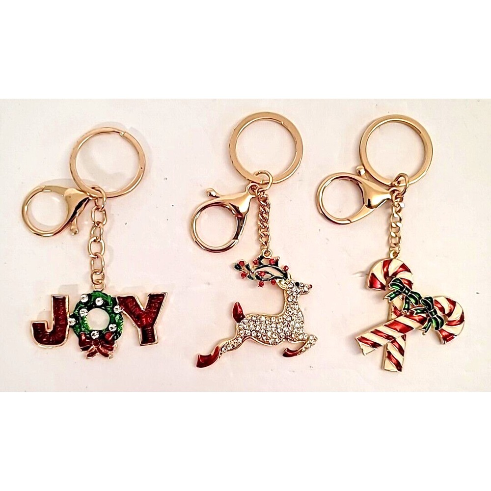 Set of 3 Christmas Keychains Reindeer, Joy, Candy Cane Gold Color